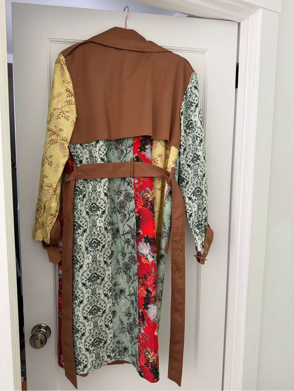 Alice + Olivia Brown Patchwork Floral Trench Coat with Red and Yellow Panels - Picture 8 of 9